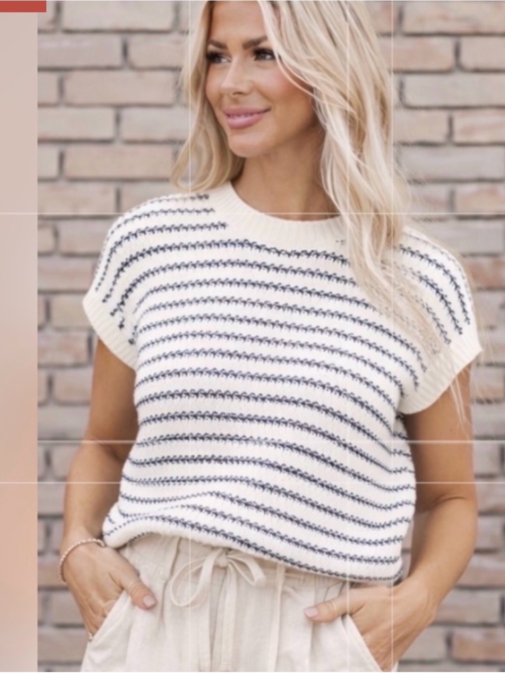 Striped Knit Short-Sleeve Sweater - Ivory & Navy